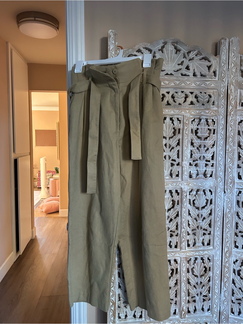OAK + FORT Olive High-Waist Wide-Leg Paperbag Pants with Belt